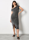 Drape Shoulder Wrap Shimmer Midi Dress, Silver, large