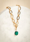 Gold Tone Green Stone Necklace, Green, large