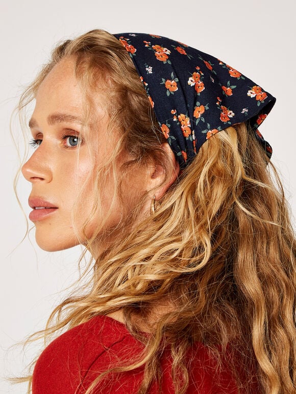 Floral Head Scarf, Navy, large