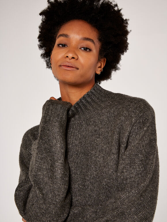 High Neck Chunky Knitted Dress, Dark Grey - Charcoal, large