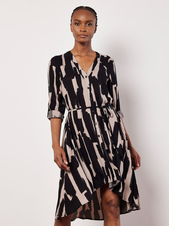 Paint Stroke Shirt Mini Dress, Black, large