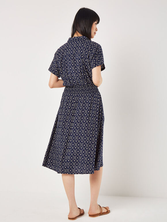 Batik Tile Shirt Midi Dress, Navy, large