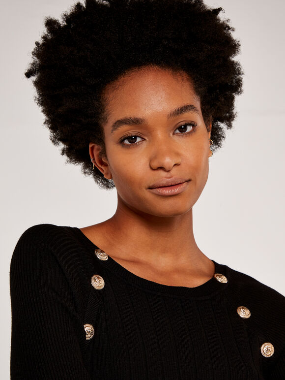 Ribbed Jumper with Gold Buttons, Black, large