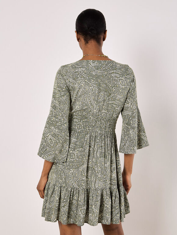 Metallic Dobby Paisley Mini Dress, Khaki, large