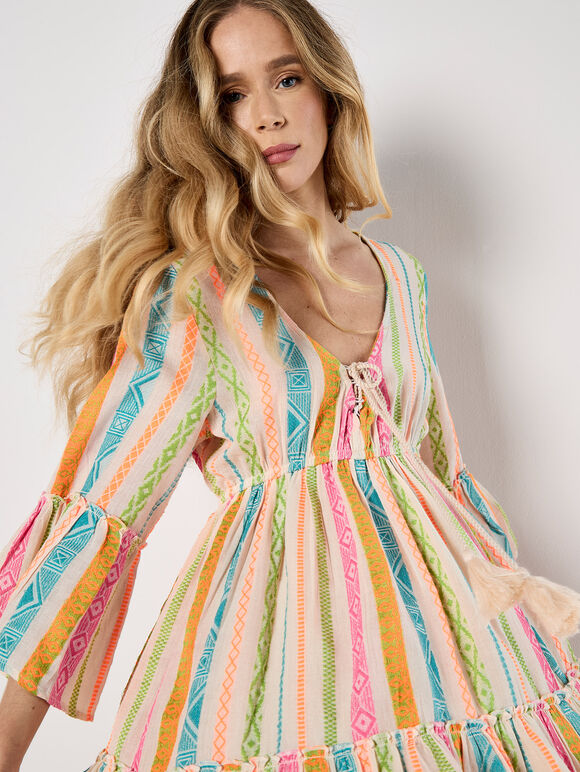 Colourful Pattern Woven Mini Dress, Assorted, large