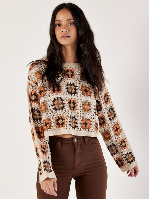 Crochet Squares Cropped Jumper, Stone, large
