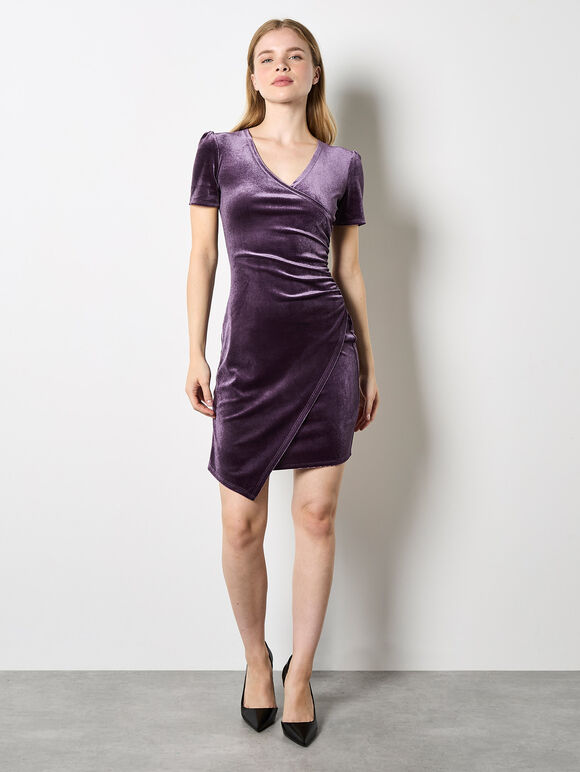 Velvet Ruched Bodycon Mini Dress, Purple, large