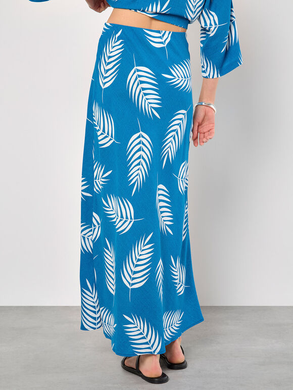 Tropical Leaf Bias Maxi Skirt, Blue, large