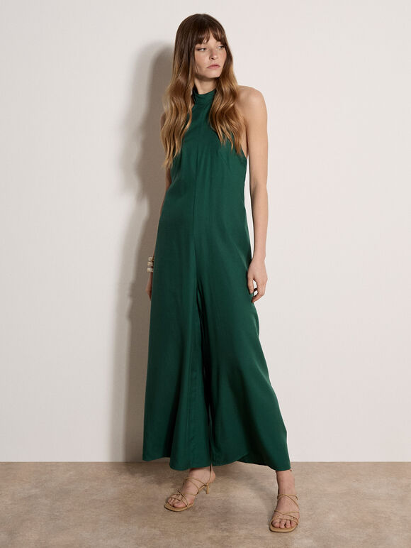 Halter Neck Wide-Leg Jumpsuit, Green, large