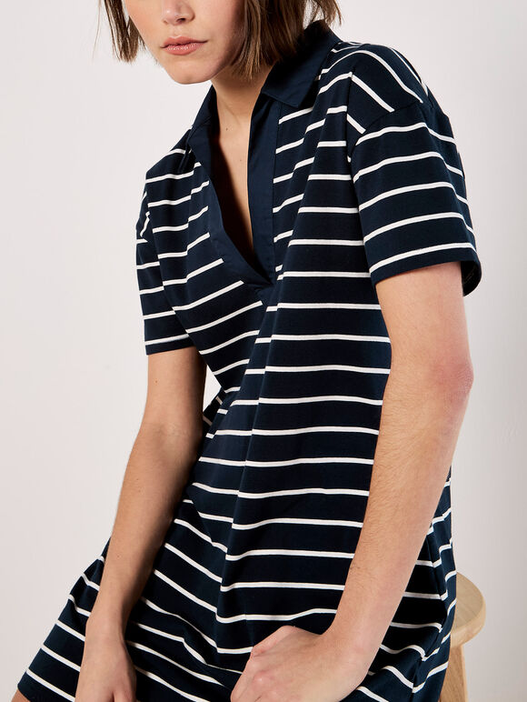 Cotton Stripe Polo Mini Dress, Navy, large