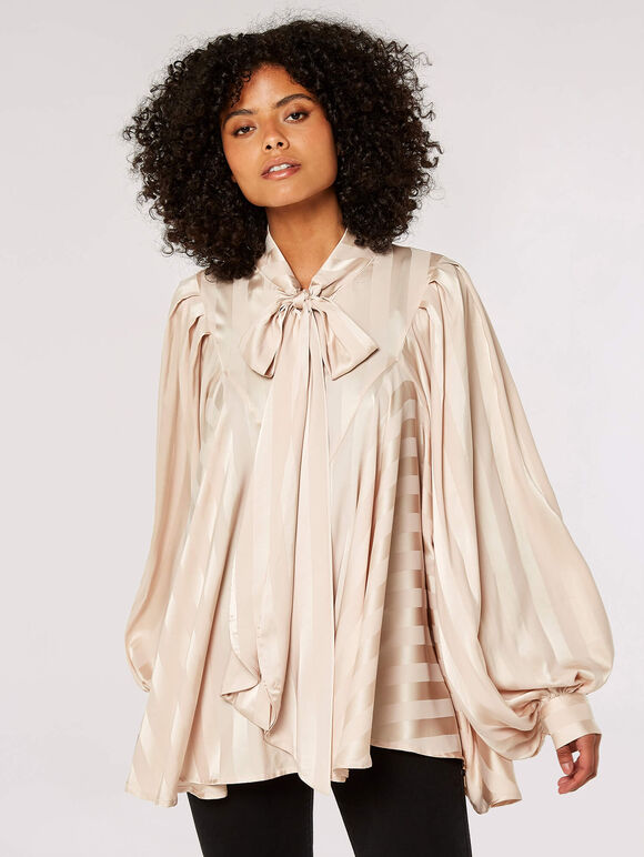 Tie-Neck Oversized Blouse, Stone, large