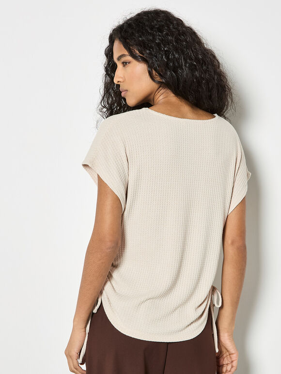 Waffle Knit Ruched T-Shirt, Stone, large