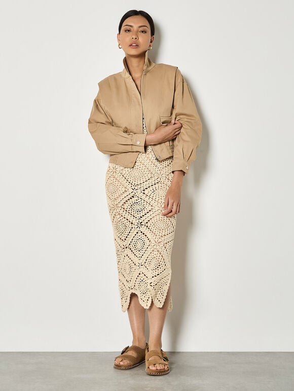 Pleat Detail Bomber Jacket, Stone, large