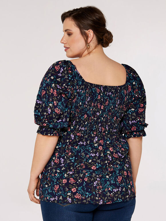 Curve Floral Milkmaid Top, Navy, large