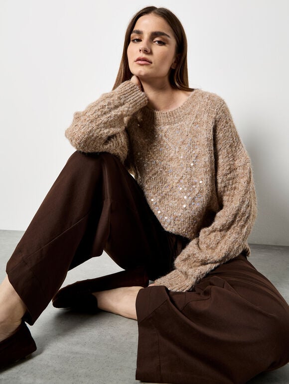 Iridescent Sequin Cable Knit Jumper, Brown, large