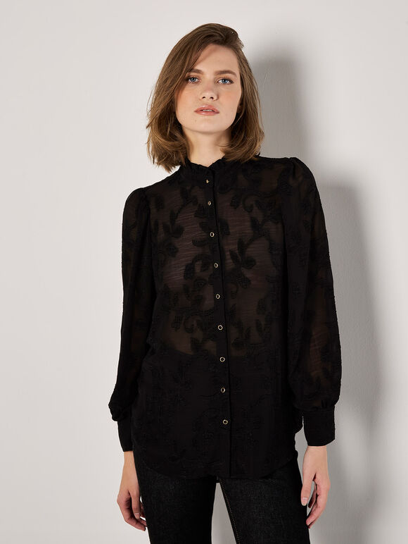 Embroidered Leaf Chiffon Blouse, Black, large