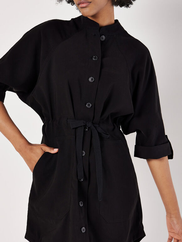 Drawstring Shirt Mini Dress, Black, large