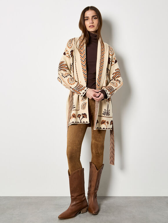 Chevron Palm Belted Cardigan, Stone, large