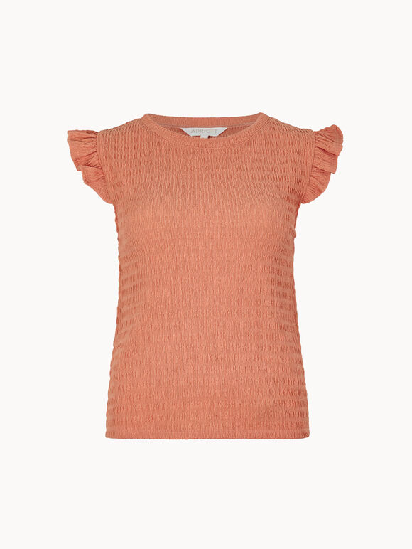 Textured Jersey Ruffle Sleeve T-Shirt, Coral, large