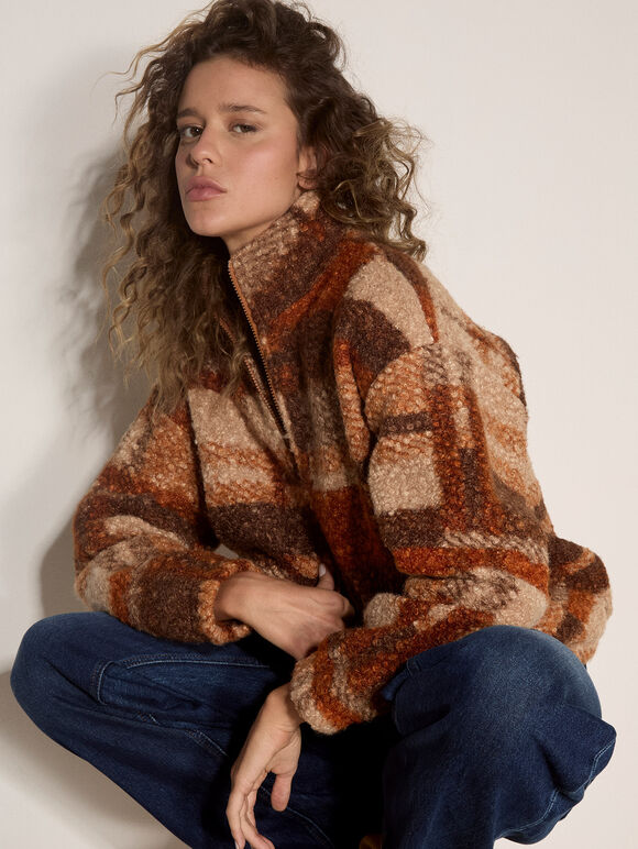 Soft Boucle Check Jacket, Brown, large