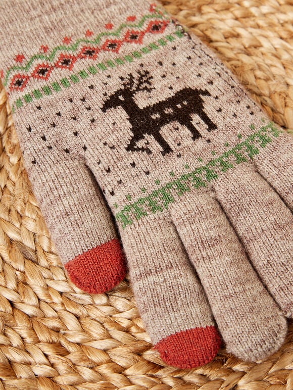 Reindeer Fair Isle Knitted Gloves, Grey, large