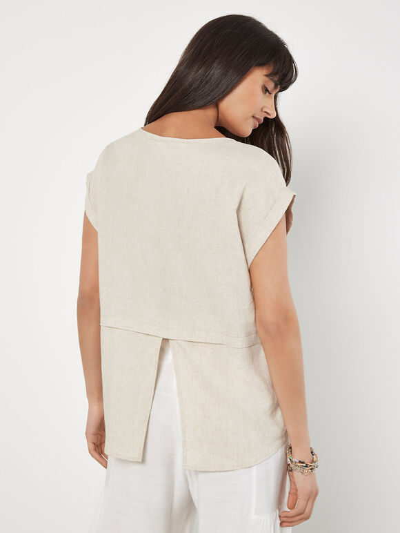 Linen Blend Split Back Oversized Top, Stone, large