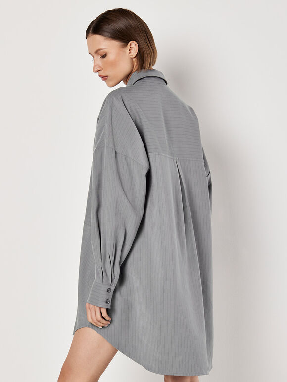Pinstripe Oversized Shirt Mini Dress, Grey, large