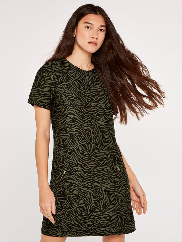 Zebra Knit Shift Dress, Khaki, large