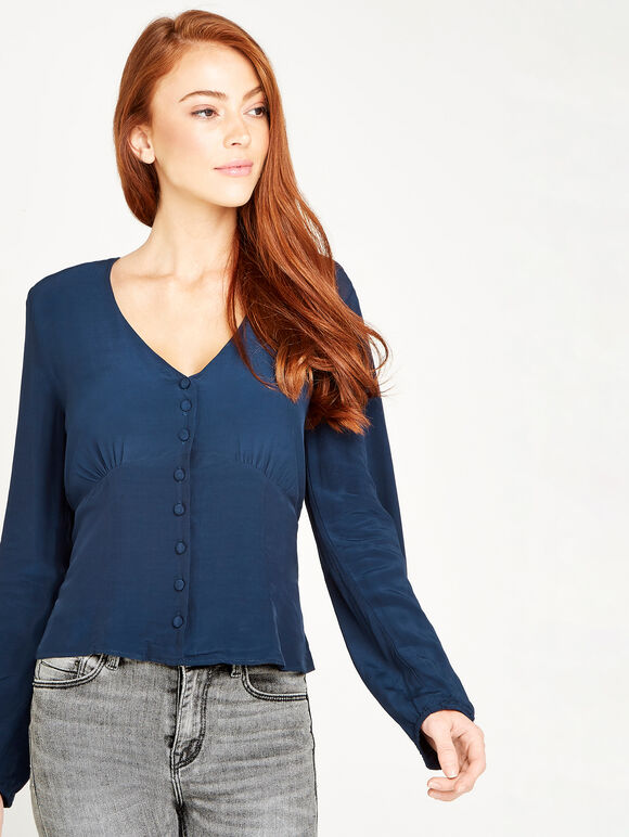 Button Front V Neck Long Sleeve Blouse, Navy, large