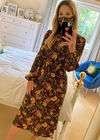 Retro Floral Smock Waist Midi Dress, Black, large