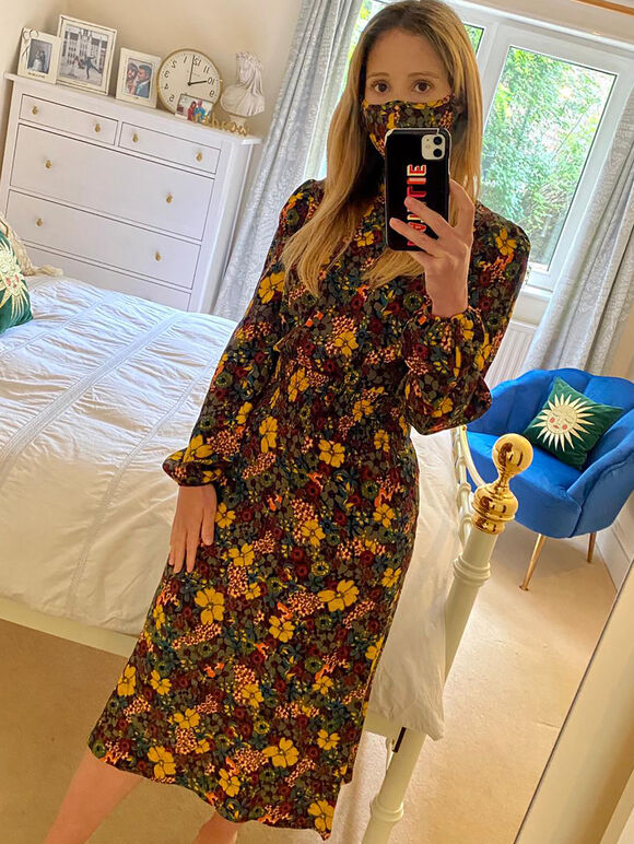 Retro Floral Smock Waist Midi Dress, Black, large