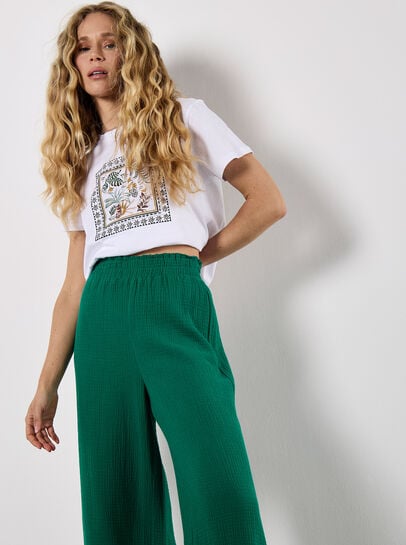 Textured Cotton Wide Leg Trousers