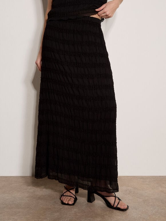 Ruched Chiffon Maxi Skirt, Black, large