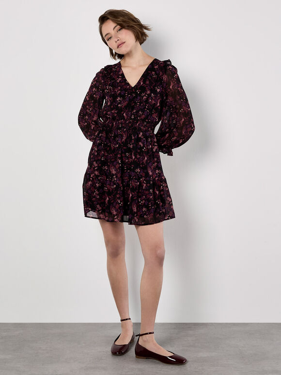 Ditsy Floral Chiffon Ruffle Dress, Burgundy, large