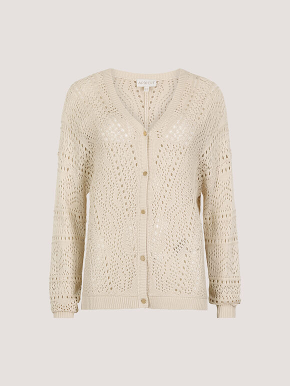 Chevron Pointelle Knit Cardigan, Stone, large