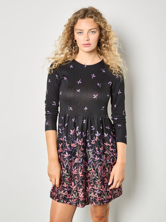 Floral Print Soft Knit Skater Mini Dress, Black, large