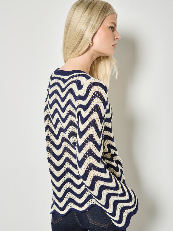 Stripe Waves Pointelle Knit Jumper, Navy, large