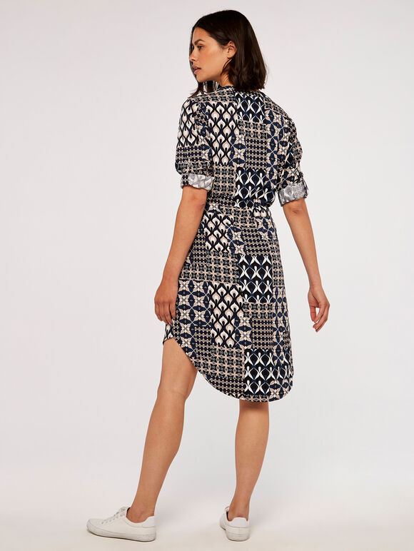 Patchwork Print Mini Dress, Navy, large