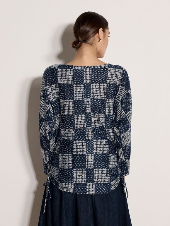 Textured Check Ruched Batwing Top, Navy, large