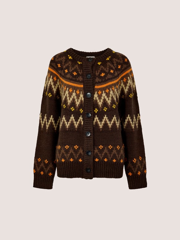Fair Isle Chunky Knit Cardigan, Brown, large