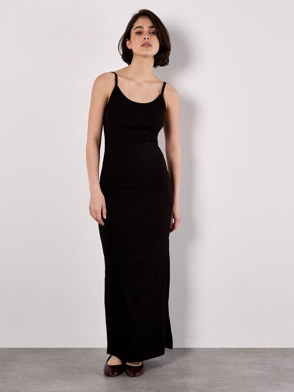 Ribbed Jersey Maxi Dress, Black, large