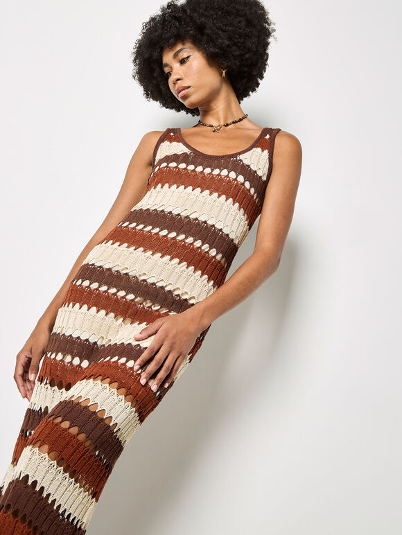 Crochet Stripe Midaxi Dress, Brown, large