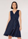 Metallic Pleat Skater Mini Dress, Navy, large