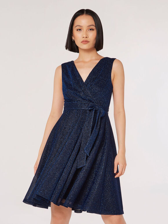 Metallic Pleat Skater Mini Dress, Navy, large