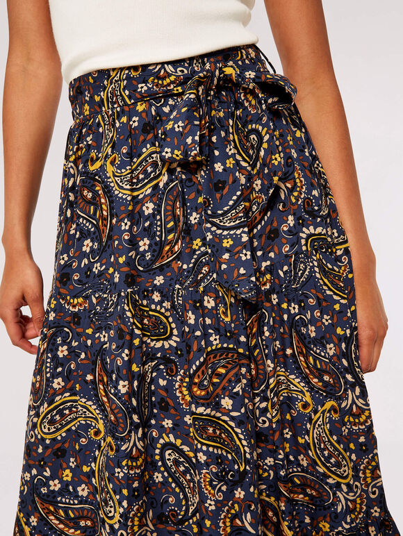 Paisley Tiered Midi Skirt, Navy, large