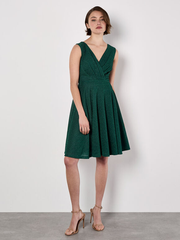 Metallic Pleat Skater Mini Dress, Green, large