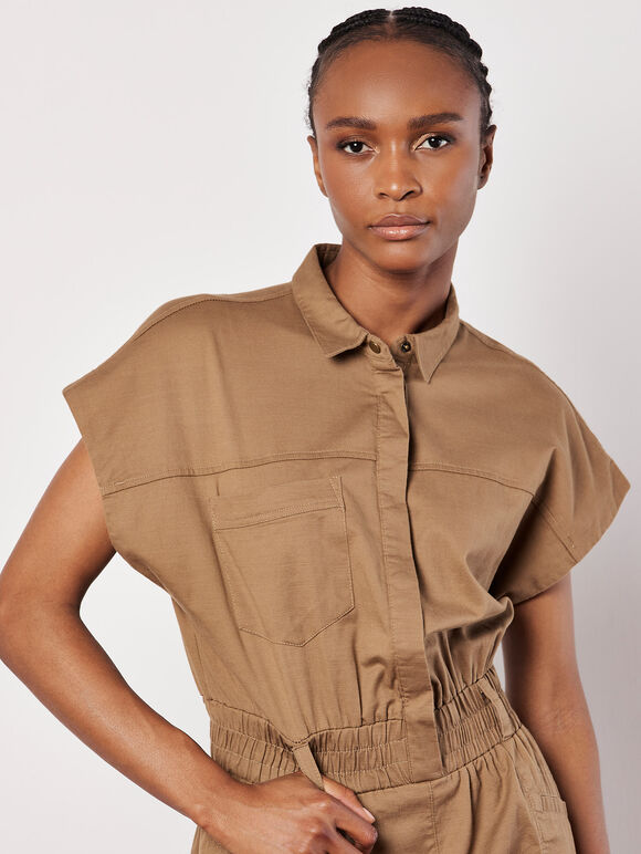 Utility Shirt Mini Dress, Brown, large
