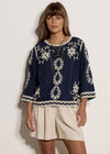 Embroidered Bell Sleeve Top, Navy, large
