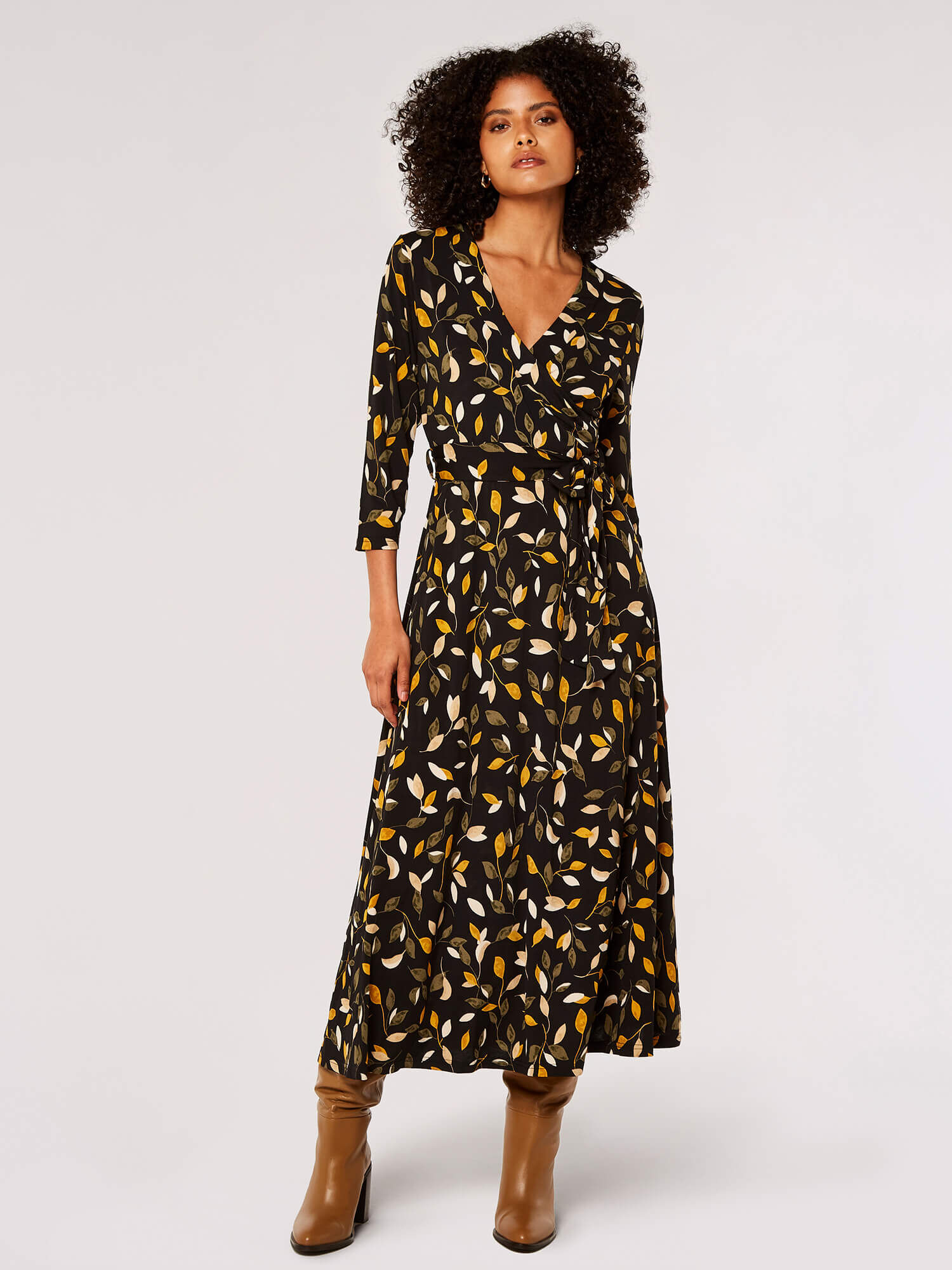 Leaf Silhouette Wrap Midi Dress Apricot Clothing