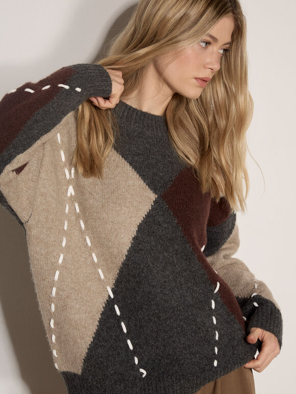 Argyle Diamond Colour Block Jumper, Dark Grey/Charcoal, large